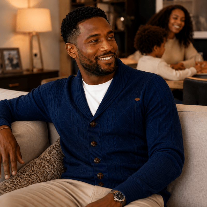 Men's textured diamond knit cardigan with shawl collar and button front