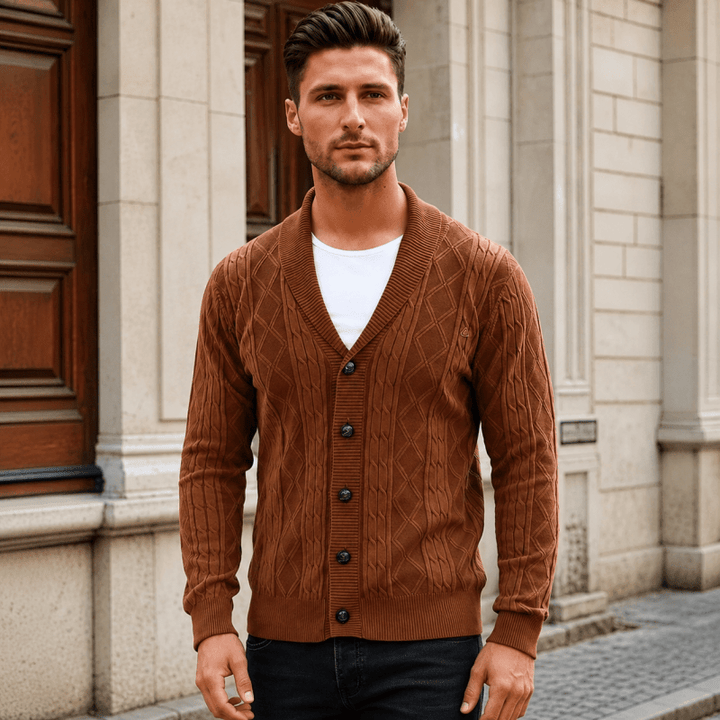 Men's textured diamond knit cardigan with shawl collar and button front