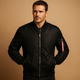Men's bomber jacket with zip front, stand collar, ribbed trims and sleeve pocket