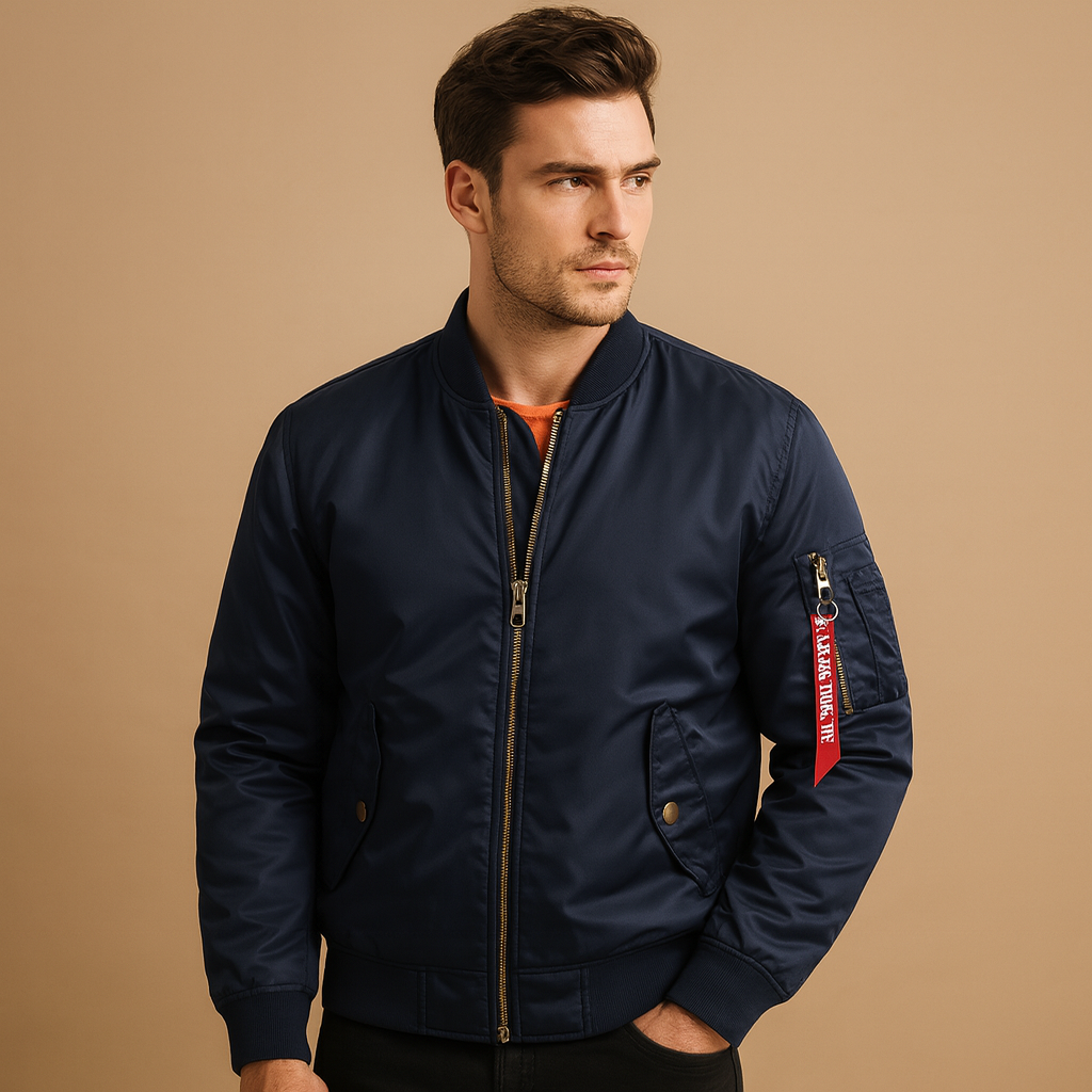 Men's bomber jacket with zip front, stand collar, ribbed trims and sleeve pocket