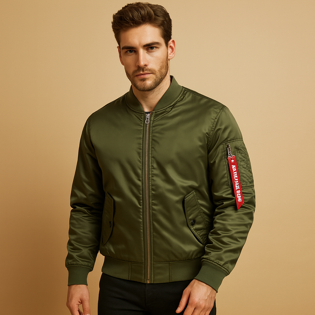 Men's bomber jacket with zip front, stand collar, ribbed trims and sleeve pocket