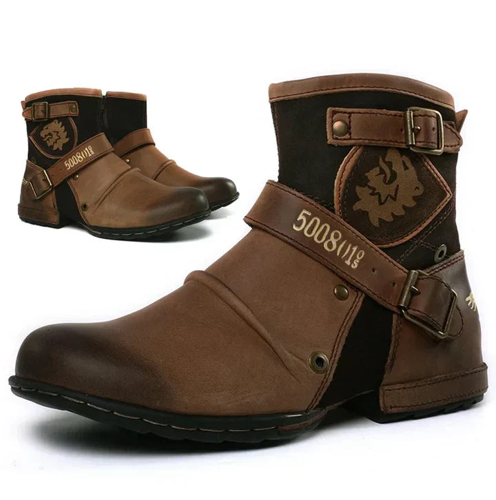 Men's ankle biker boots with buckle straps, rounded toes and decorative side panels