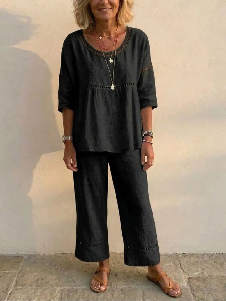 Women's two-piece linen set with lace trim