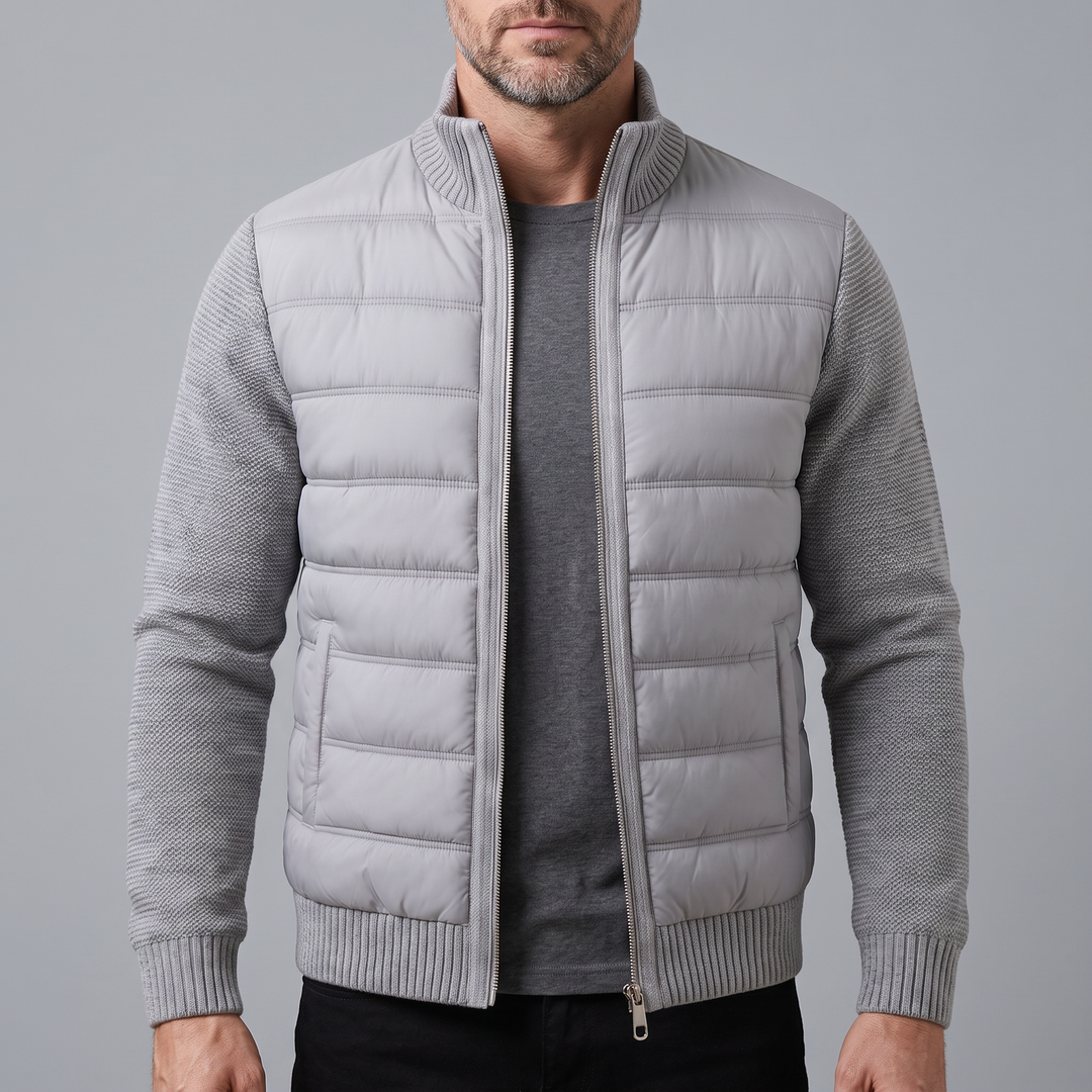 Men's puffer jacket with quilted body, textured sleeves and front zip