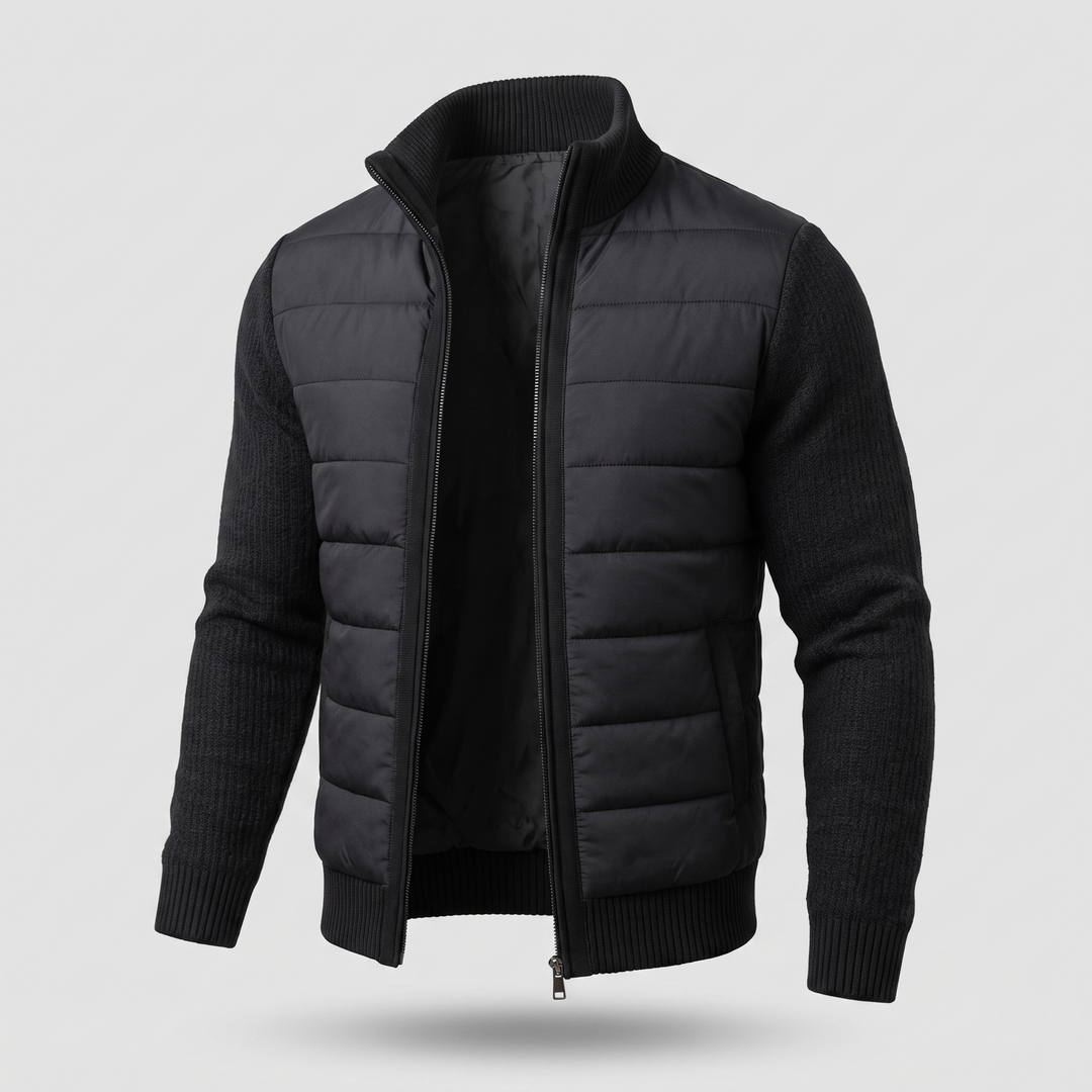 Men's puffer jacket with quilted body, textured sleeves and front zip