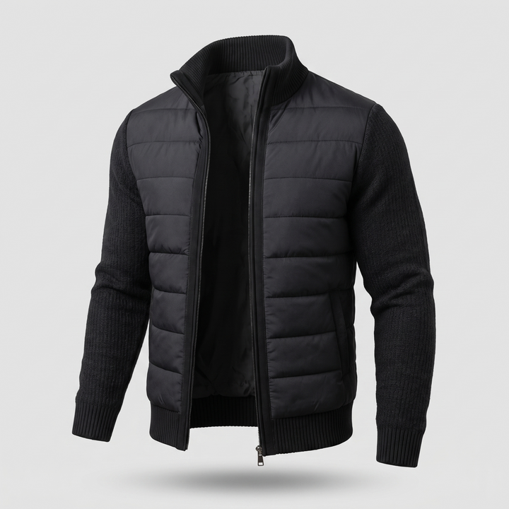 Men's puffer jacket with quilted body, textured sleeves and front zip