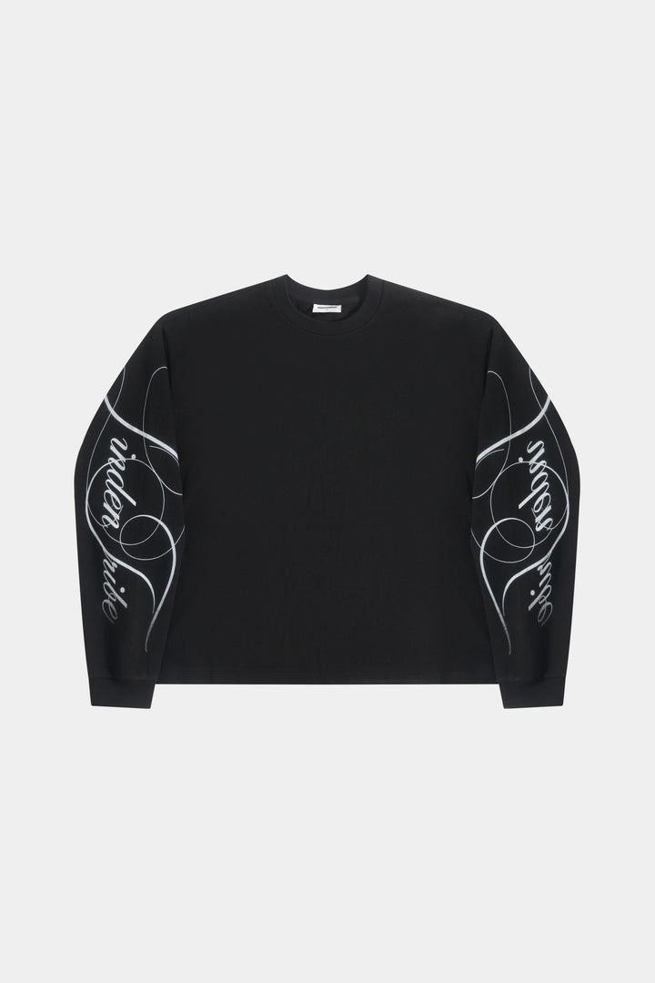 Men's black crew-neck sweatshirt with white graphic sleeve detailing