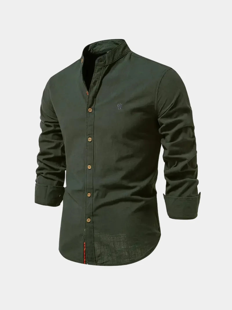 Men's mandarin collar shirt with long sleeves and button front