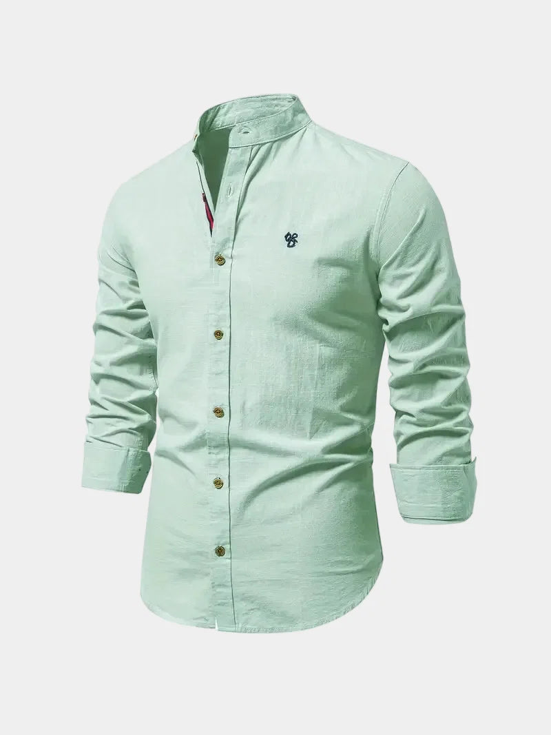 Men's mandarin collar shirt with long sleeves and button front
