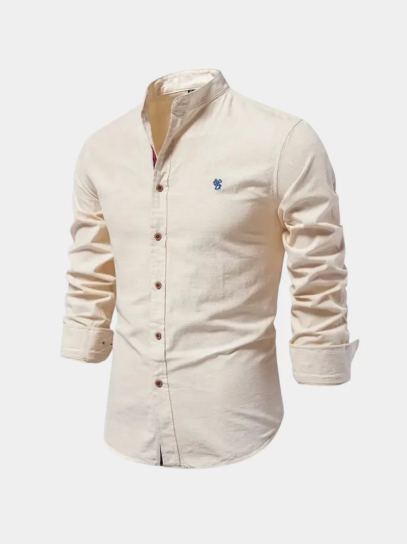 Men's mandarin collar shirt with long sleeves and button front