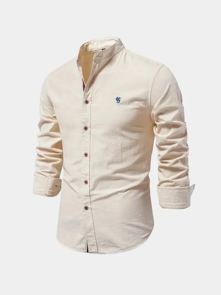Men's mandarin collar shirt with long sleeves and button front