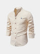 Men's mandarin collar shirt with long sleeves and button front