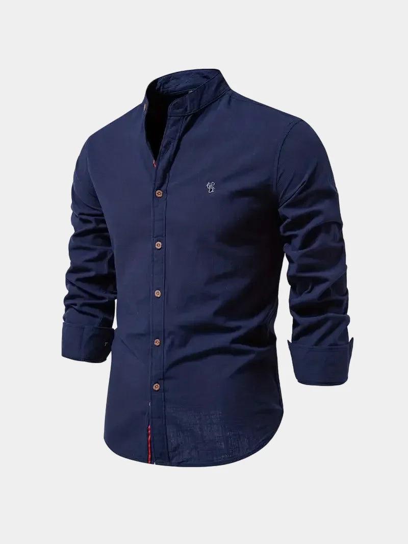 Men's mandarin collar shirt with long sleeves and button front