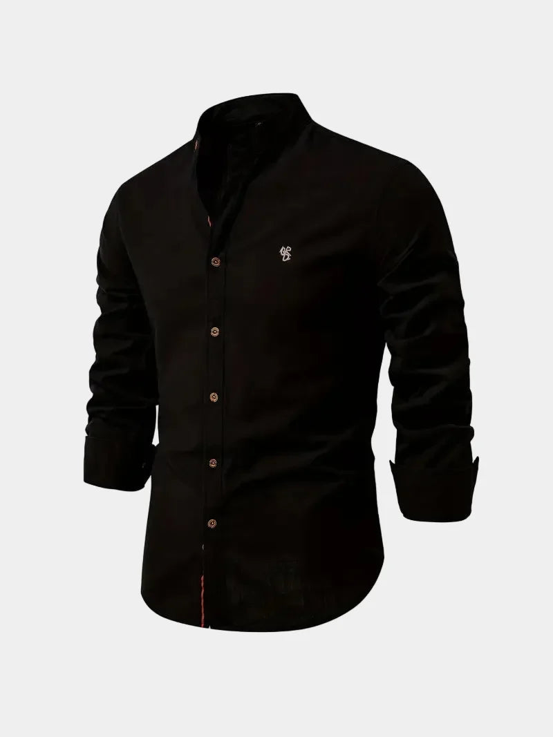 Men's mandarin collar shirt with long sleeves and button front