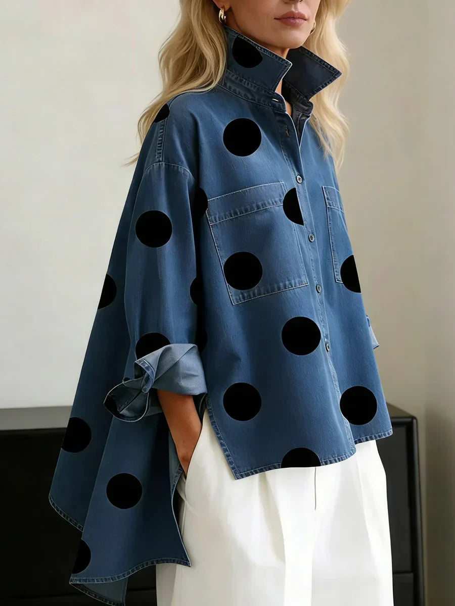 Women's long-sleeve polka dot button-up shirt with chest pockets