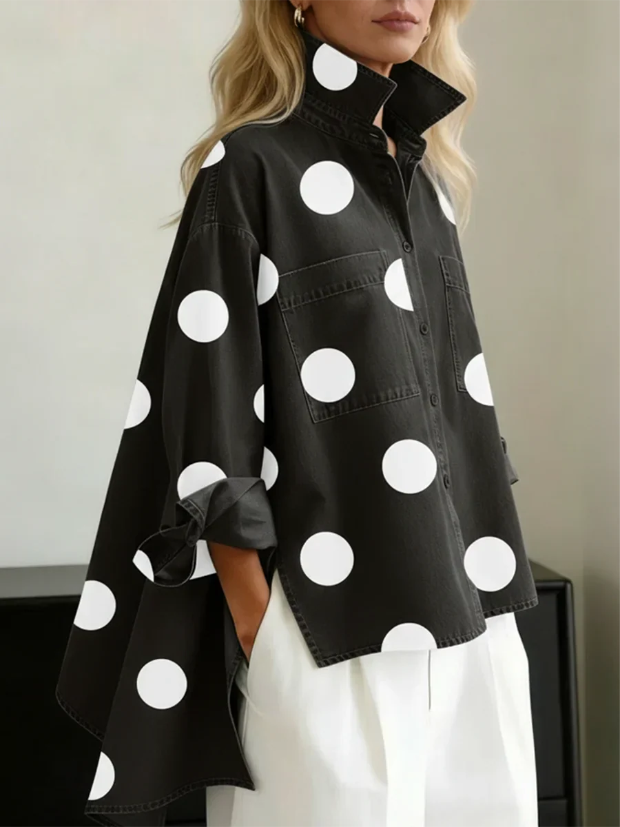 Women's long-sleeve polka dot button-up shirt with chest pockets
