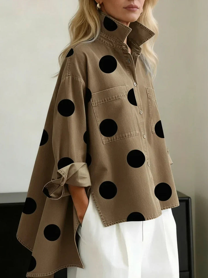 Women's long-sleeve polka dot button-up shirt with chest pockets