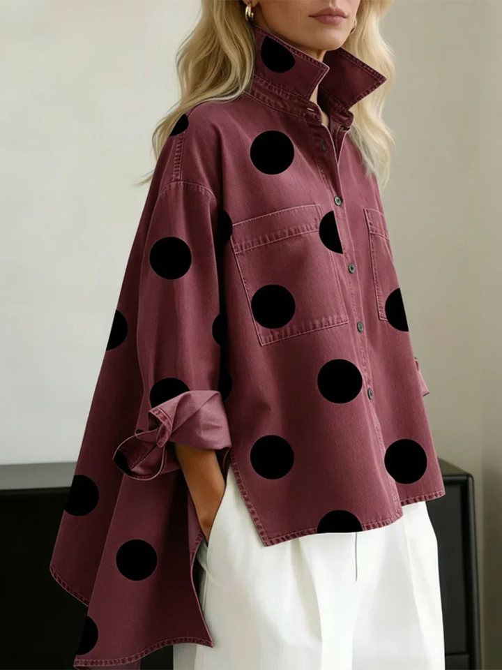 Women's long-sleeve polka dot button-up shirt with chest pockets