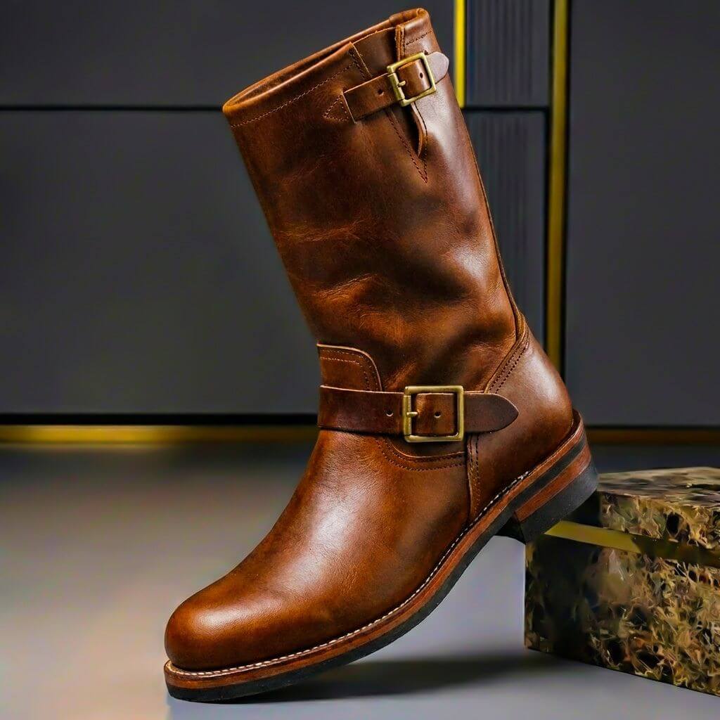 Unisex vintage mid-calf boots with buckle straps and round toes
