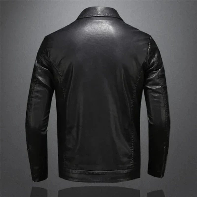 Men's black collared jacket with long sleeves, zip front and flap chest pockets