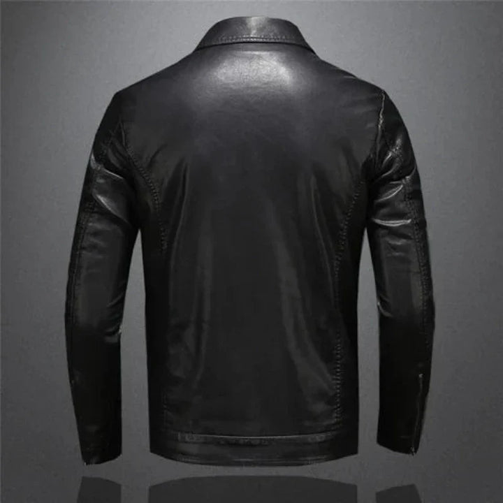 Men's black collared jacket with long sleeves, zip front and flap chest pockets
