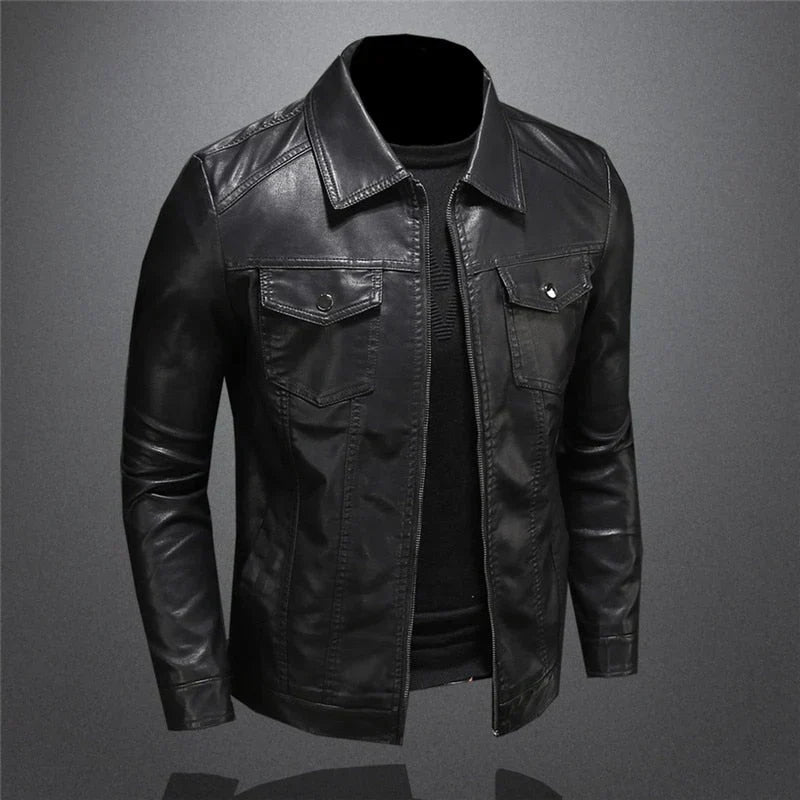 Men's black collared jacket with long sleeves, zip front and flap chest pockets