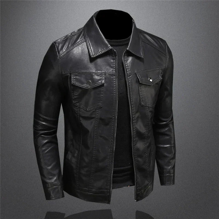 Men's black collared jacket with long sleeves, zip front and flap chest pockets