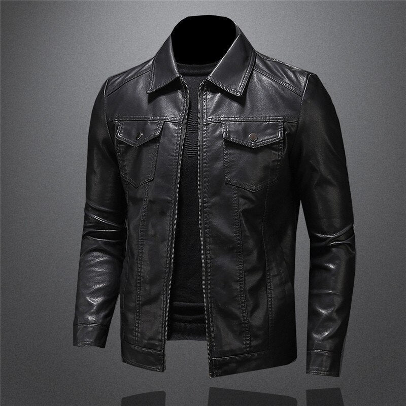 Men's black collared jacket with long sleeves, zip front and flap chest pockets