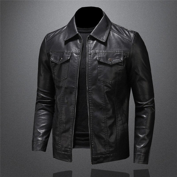 Men's black collared jacket with long sleeves, zip front and flap chest pockets