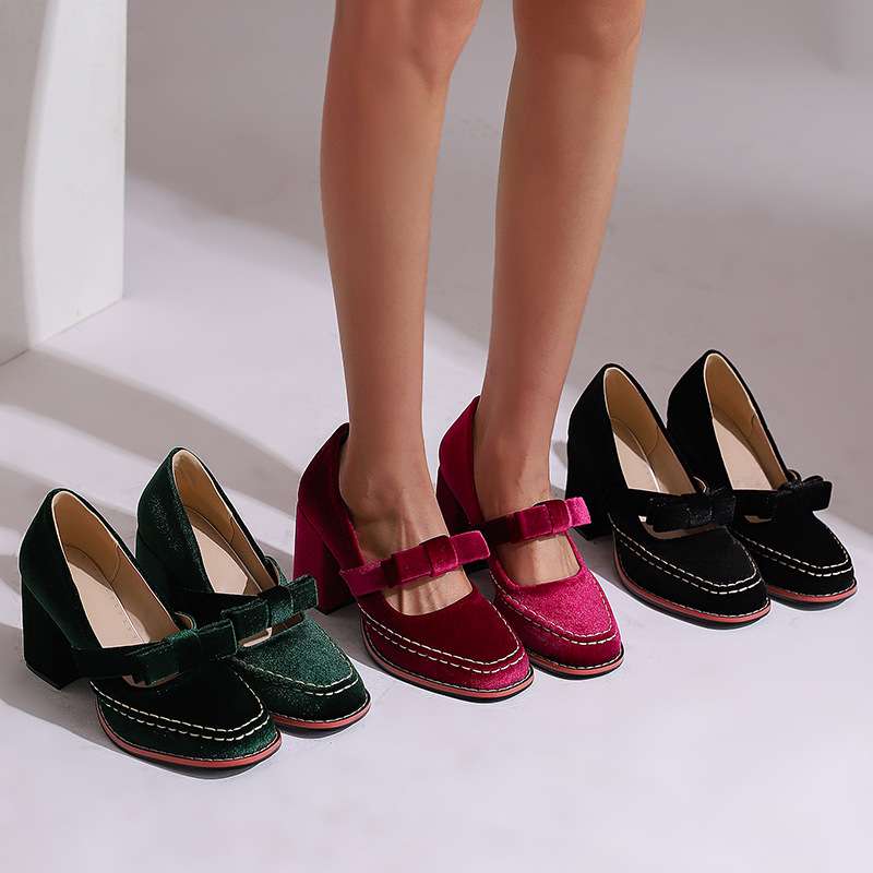 Women's Mary Jane Block Heel Pumps — Bow Strap Retro Court Shoes