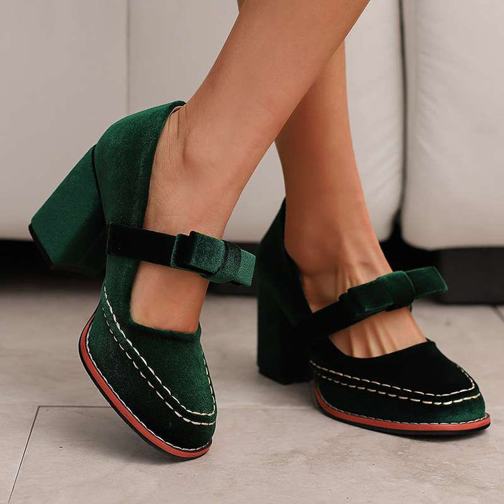 Women's Mary Jane Block Heel Pumps — Bow Strap Retro Court Shoes