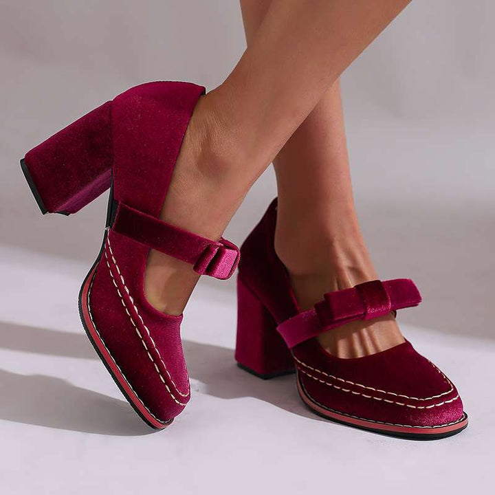 Women's Mary Jane Block Heel Pumps — Bow Strap Retro Court Shoes