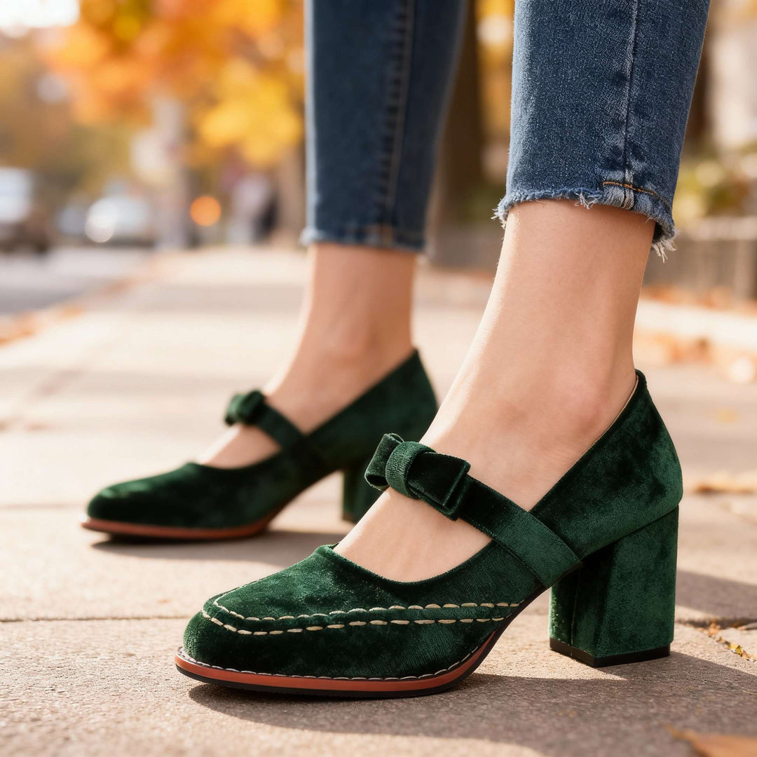 Women's Mary Jane Block Heel Pumps — Bow Strap Retro Court Shoes