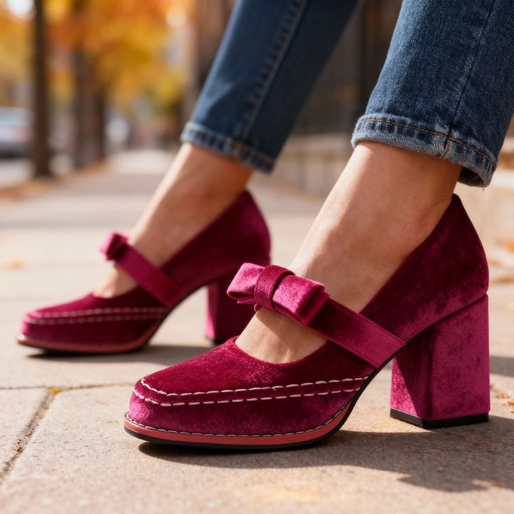 Women's Mary Jane Block Heel Pumps — Bow Strap Retro Court Shoes