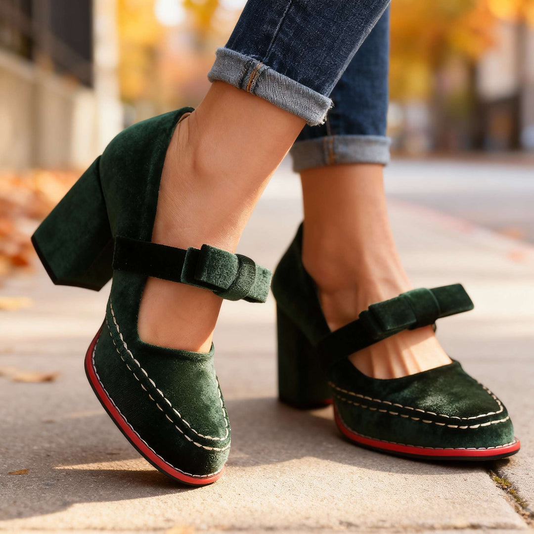 Women's Mary Jane Block Heel Pumps — Bow Strap Retro Court Shoes