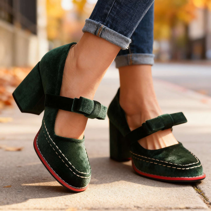 Women's Mary Jane Block Heel Pumps — Bow Strap Retro Court Shoes