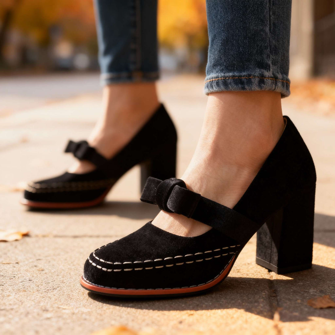 Women's Mary Jane Block Heel Pumps — Bow Strap Retro Court Shoes