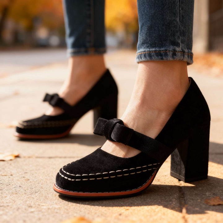 Women's Mary Jane Block Heel Pumps — Bow Strap Retro Court Shoes