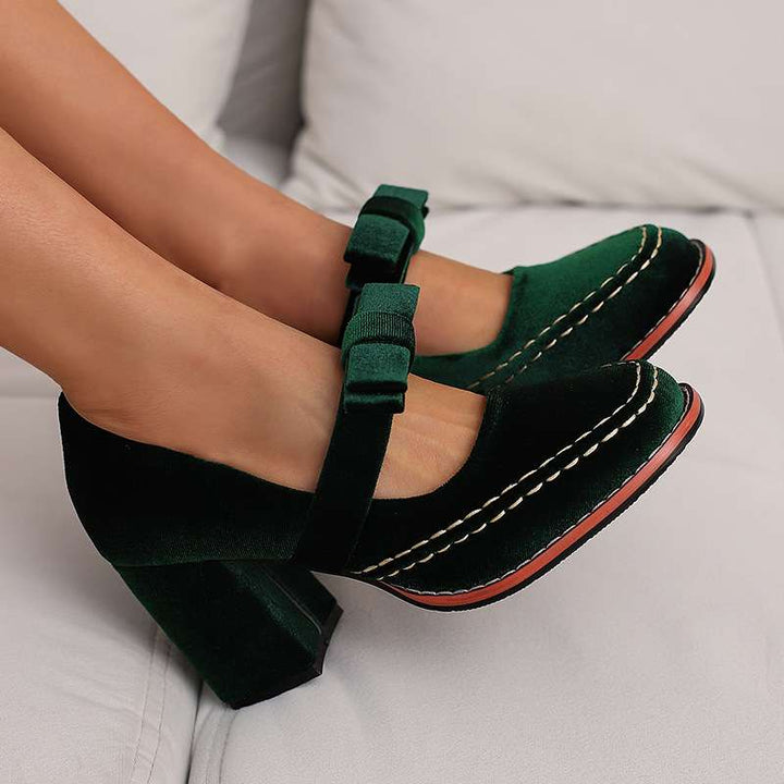 Women's Mary Jane Block Heel Pumps — Bow Strap Retro Court Shoes