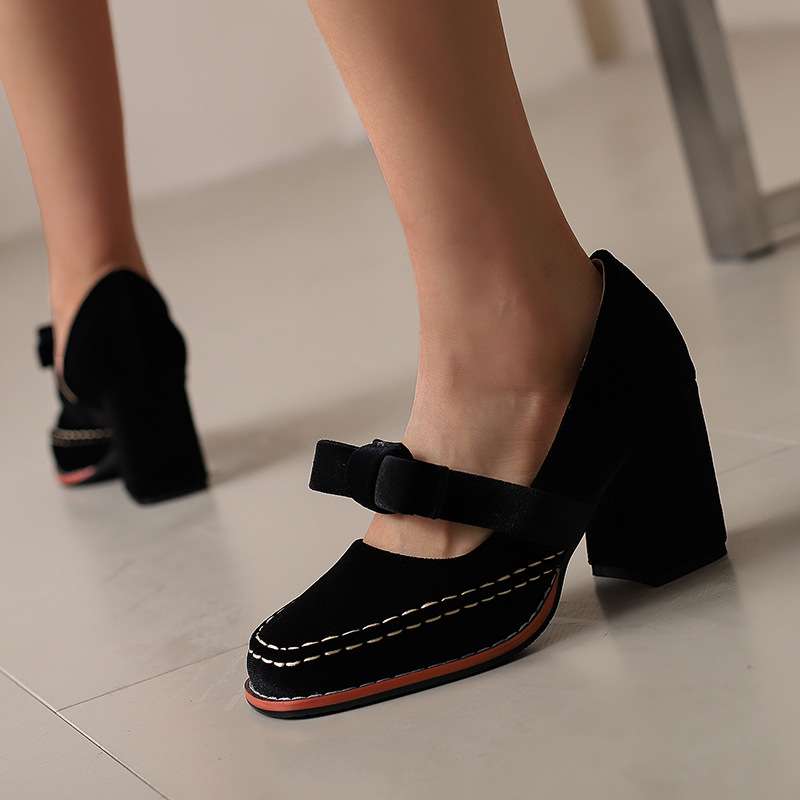 Women's Mary Jane Block Heel Pumps — Bow Strap Retro Court Shoes
