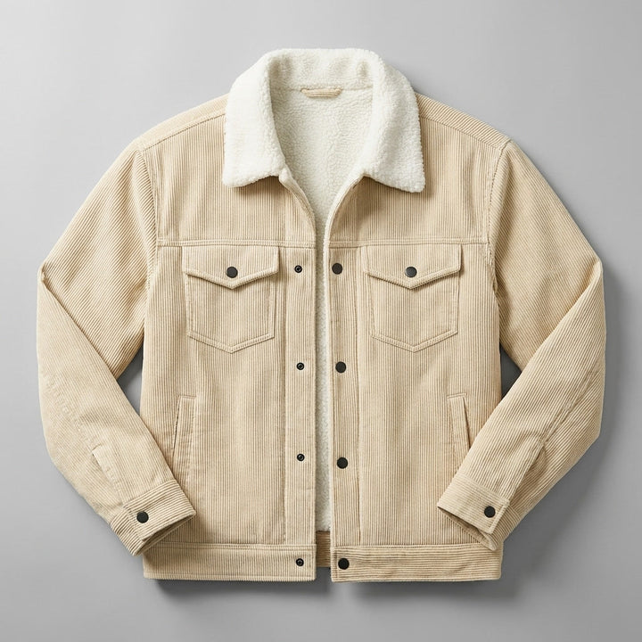 Corduroy jacket with sherpa collar, button front and four pockets