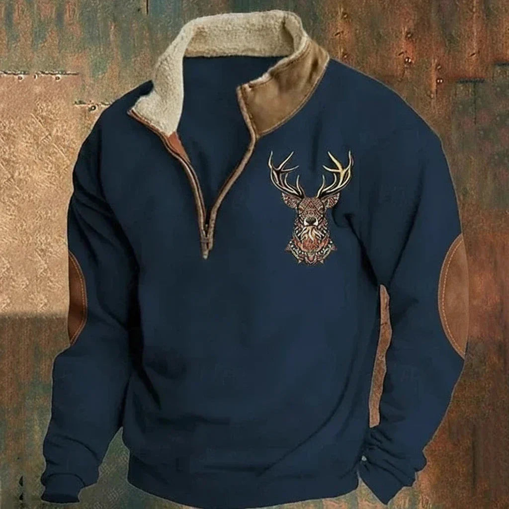 Men's quarter-zip pullover with high collar and deer embroidery