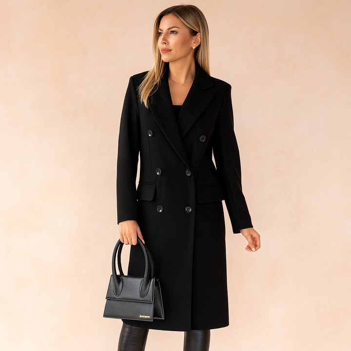 Women's double-breasted long coat with notched lapels and flap pockets