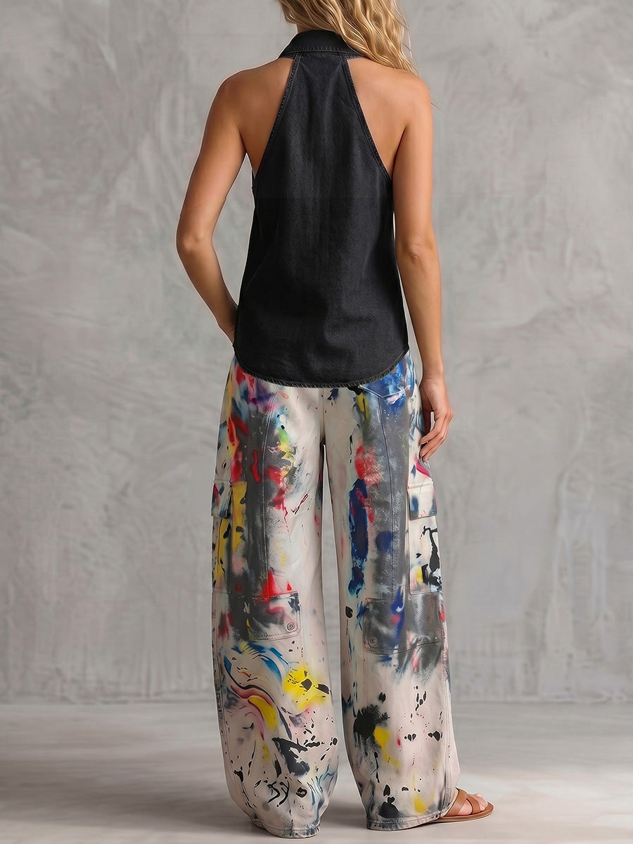 Women's high-waist wide-leg printed denim trousers