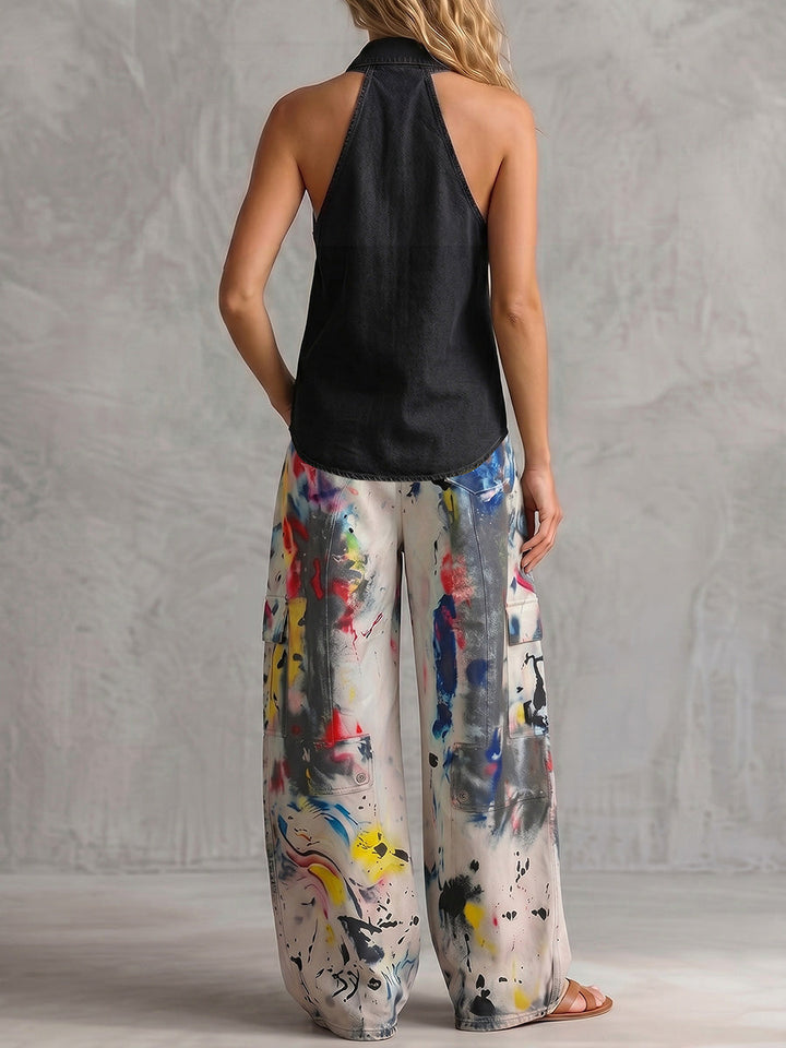 Women's high-waist wide-leg printed denim trousers