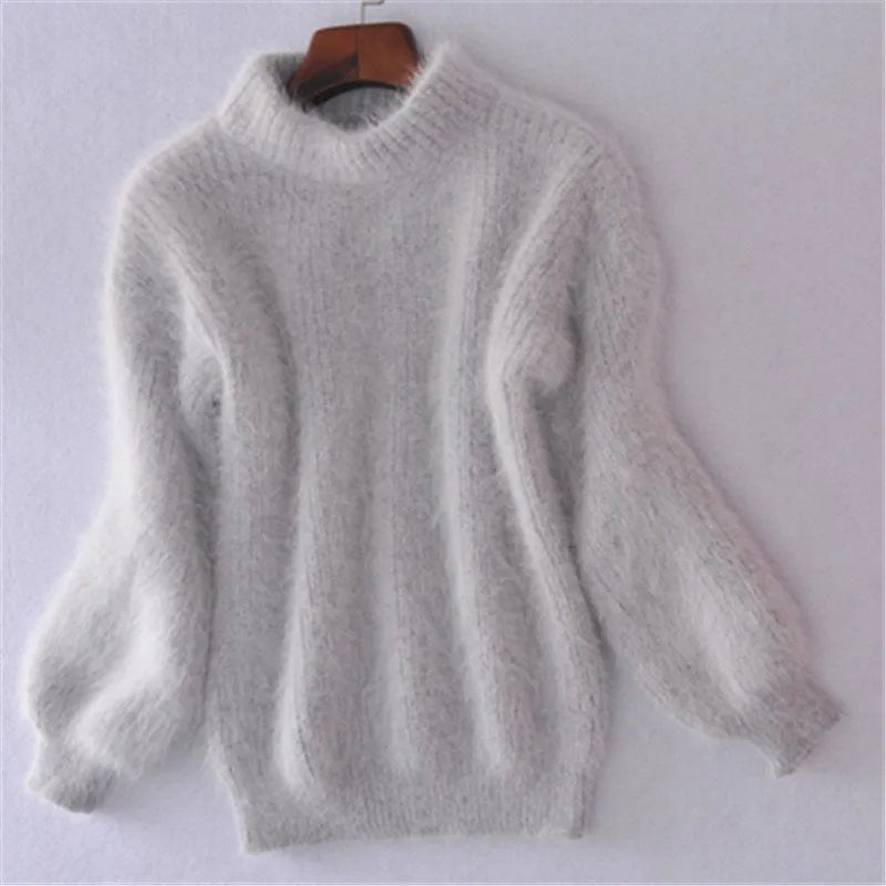 Women's high neck jumper with long balloon sleeves and ribbed trims
