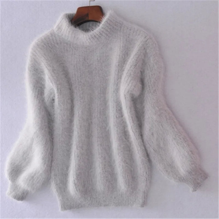 Women's high neck jumper with long balloon sleeves and ribbed trims