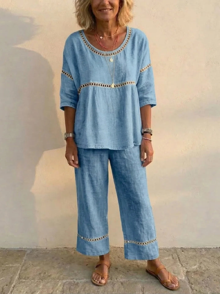 Women's two-piece linen set with lace trim