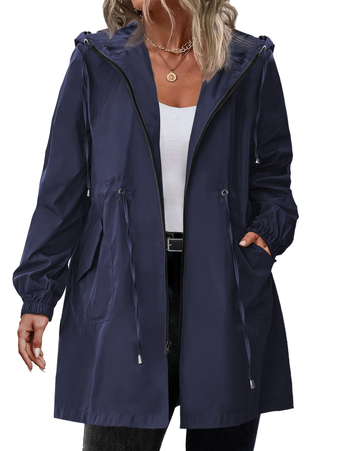Women's long hooded raincoat with zip front, drawstring waist and front pockets