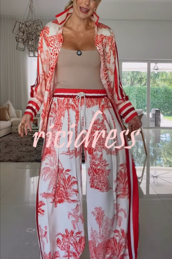 Women's red floral long-sleeved shirt and wide leg trousers set with striped trims